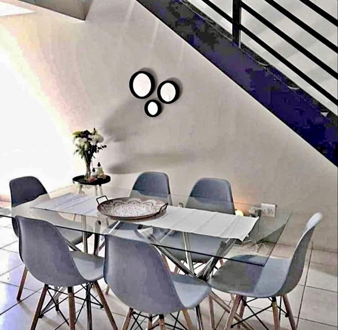 6 dining chairs and one glass table