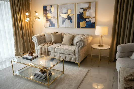 Patterned sofa in a showroom setting with reflective floor and glass walls.