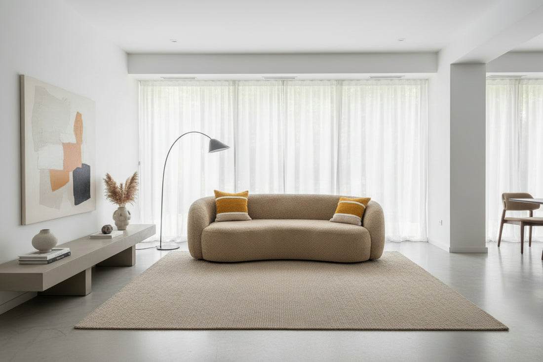 Beige curved sofa against a neutral wall.