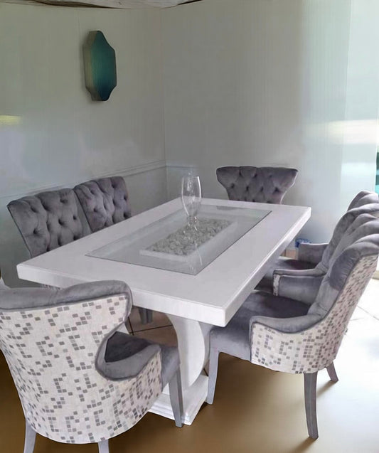 Dining table and six chairs.