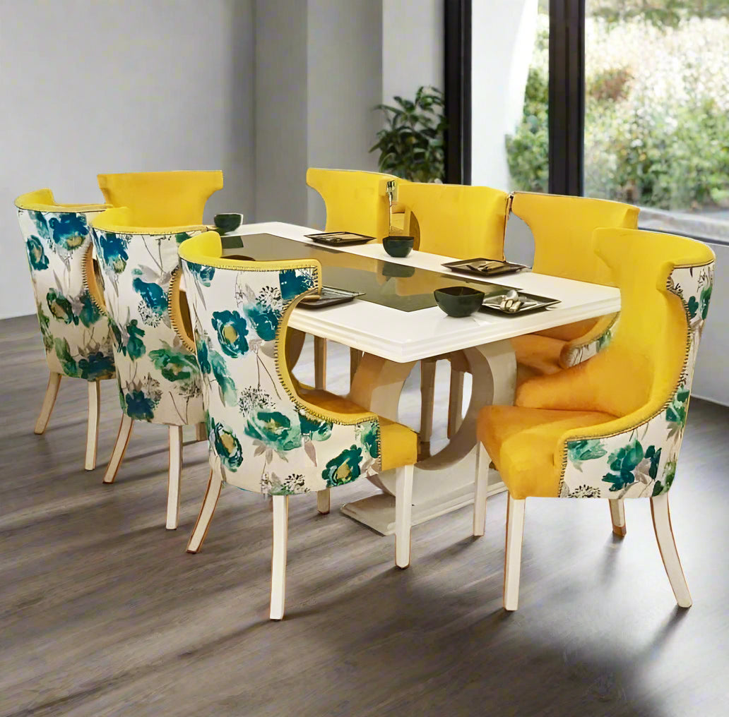 Dining room table and six chairs set.