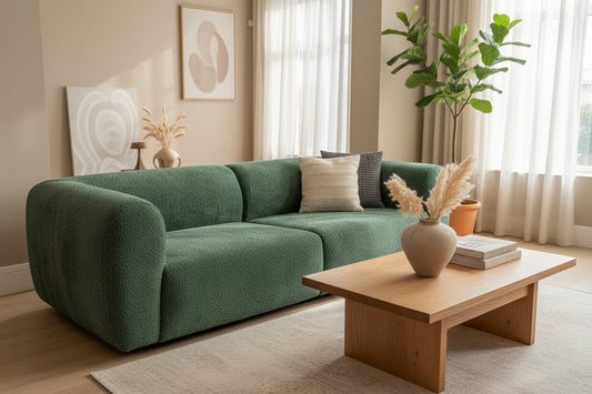 Green textured sofa against a white wall